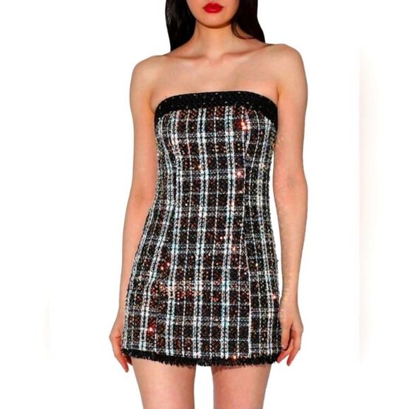 WALTER BAKER Dress NEW Amberly Broadway Tweed Plaid Strapless Mini Black Size 8 - Picture 1 of 10